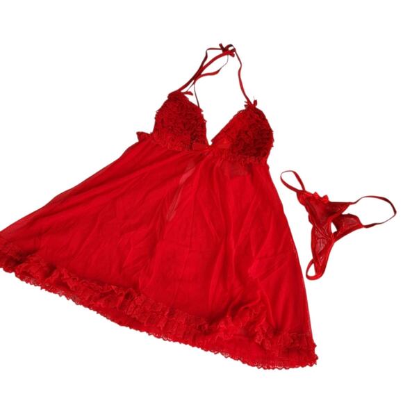 NWT Sexy Leg Ave Ruffle Sheer Mesh Red Lace Wireless Babydoll Lingerie 2pc O/S - Picture 4 of 9